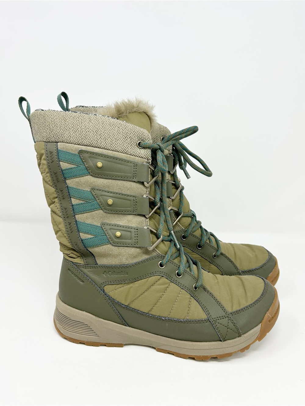 Columbia Meadows Omni-Heat 3D Womens Snow Boots Green Faux Fur Lace-Up Size 8.5